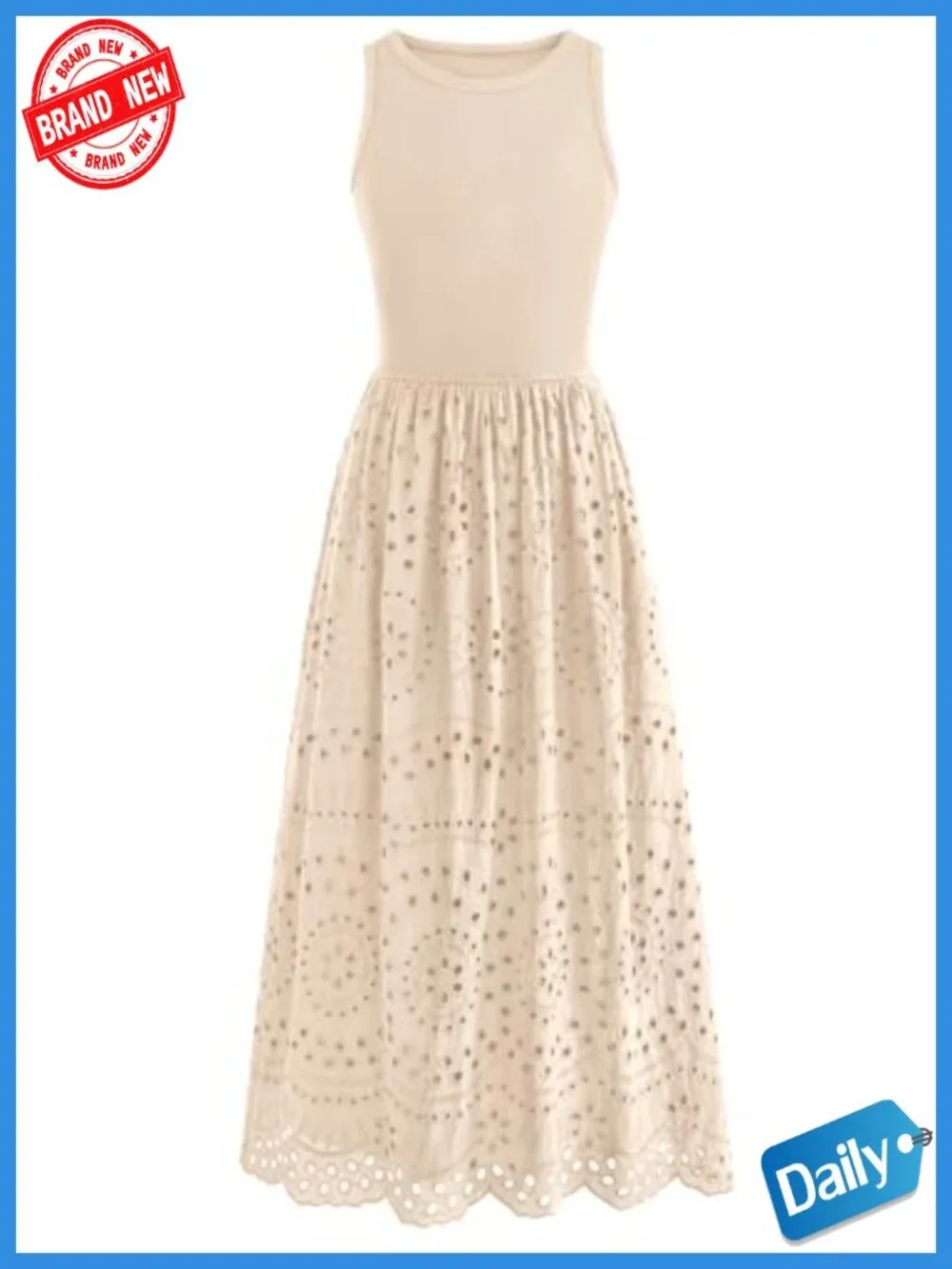 Sleeveless Crewneck A-Line Boho Lace Eyelet Cotton Tank Maxi Dress with Pockets